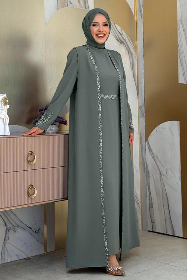 Vêtements hijab VERT COSTUME ROBE AVEC GILET T 8383 - TRENDTESETTÜR
