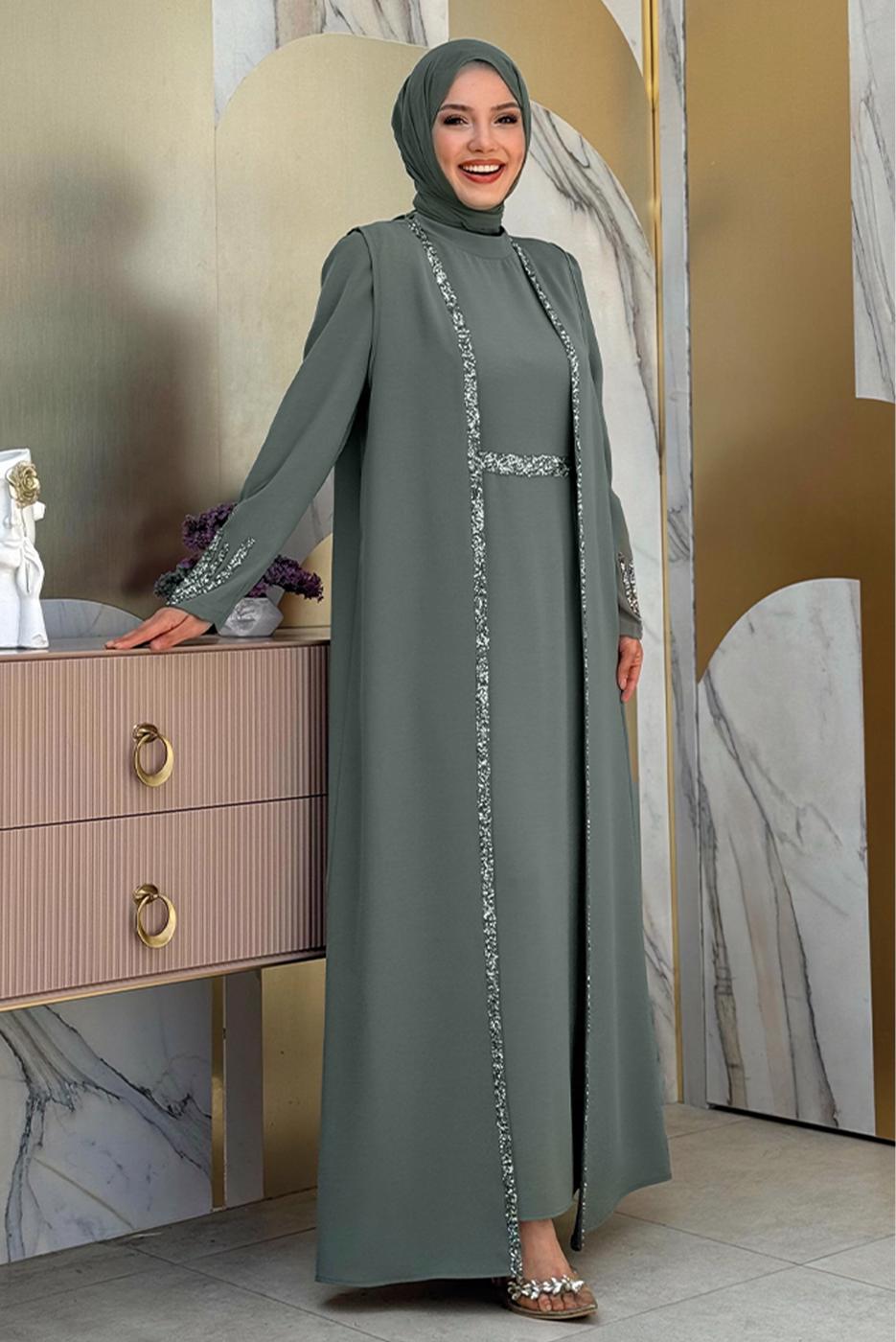 Vêtements hijab VERT COSTUME ROBE AVEC GILET T 8383