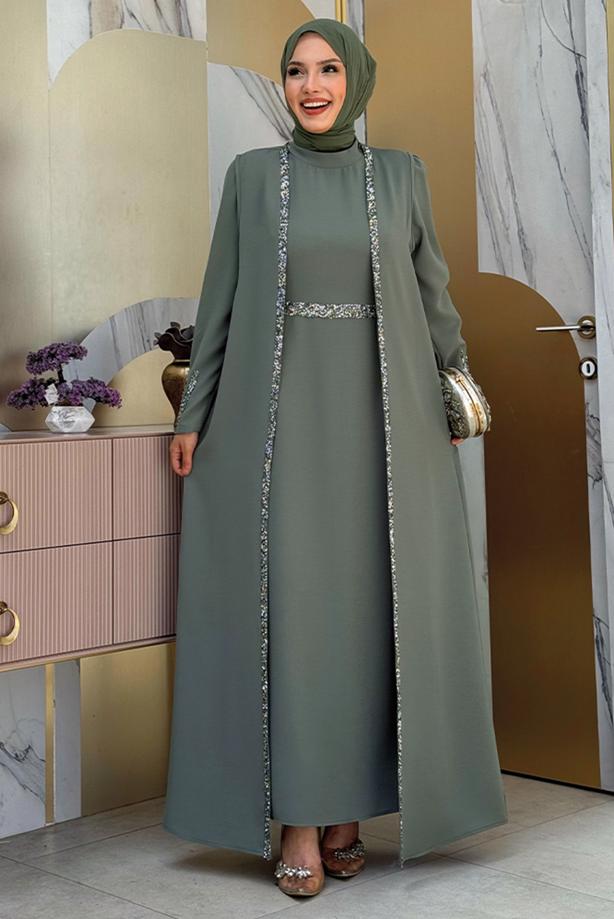 Vêtements hijab VERT COSTUME ROBE AVEC GILET T 8383 - TRENDTESETTÜR