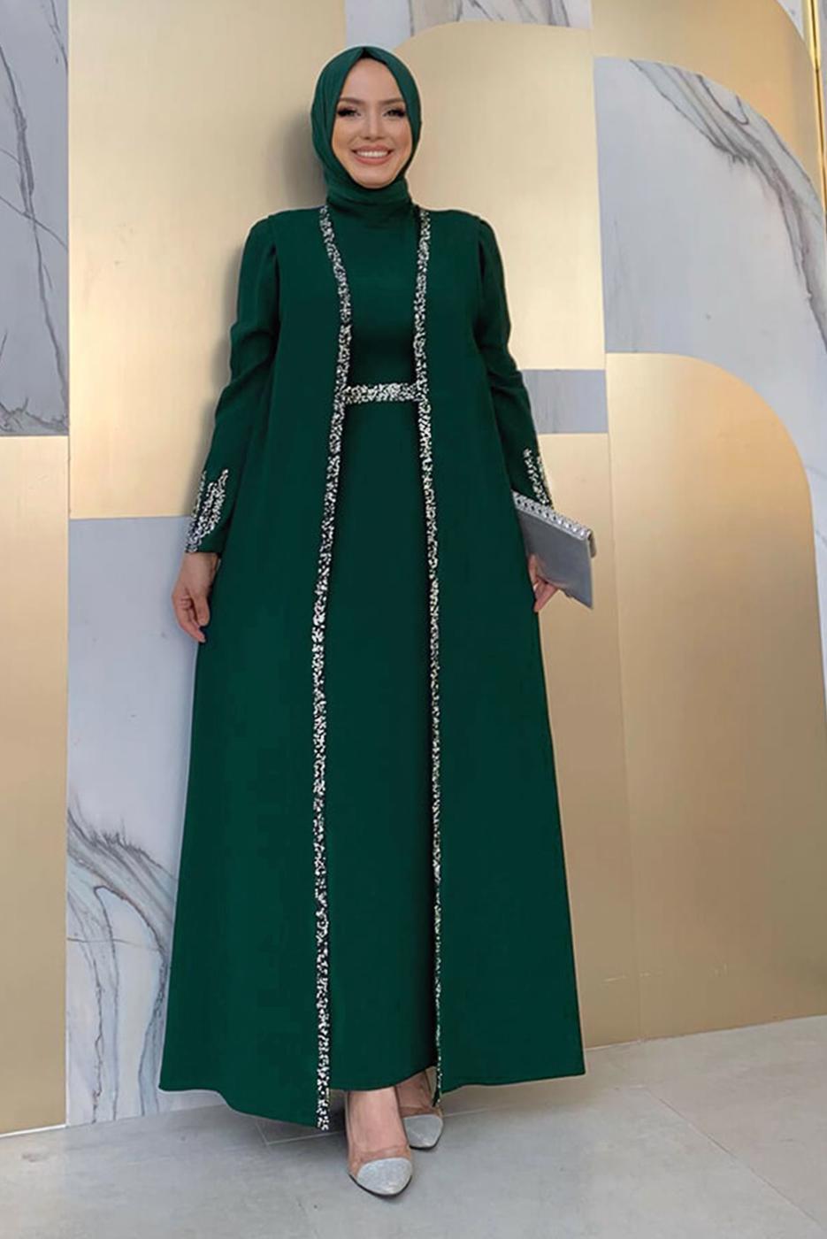 Vêtements hijab VERT COSTUME ROBE AVEC GILET T 8383