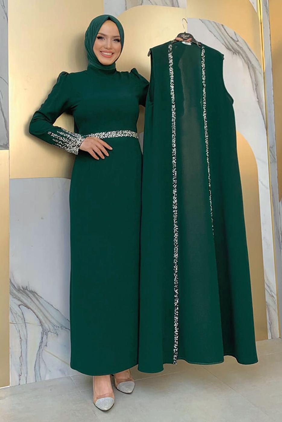 Vêtements hijab VERT COSTUME ROBE AVEC GILET T 8383