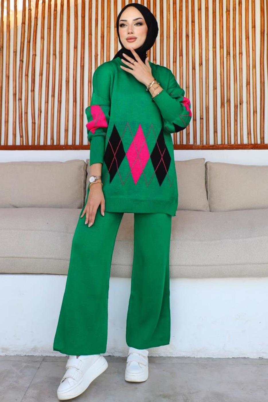 Tesettür giyim YEŞİL PANTOLONLU TRİKO TAKIM T 00032
