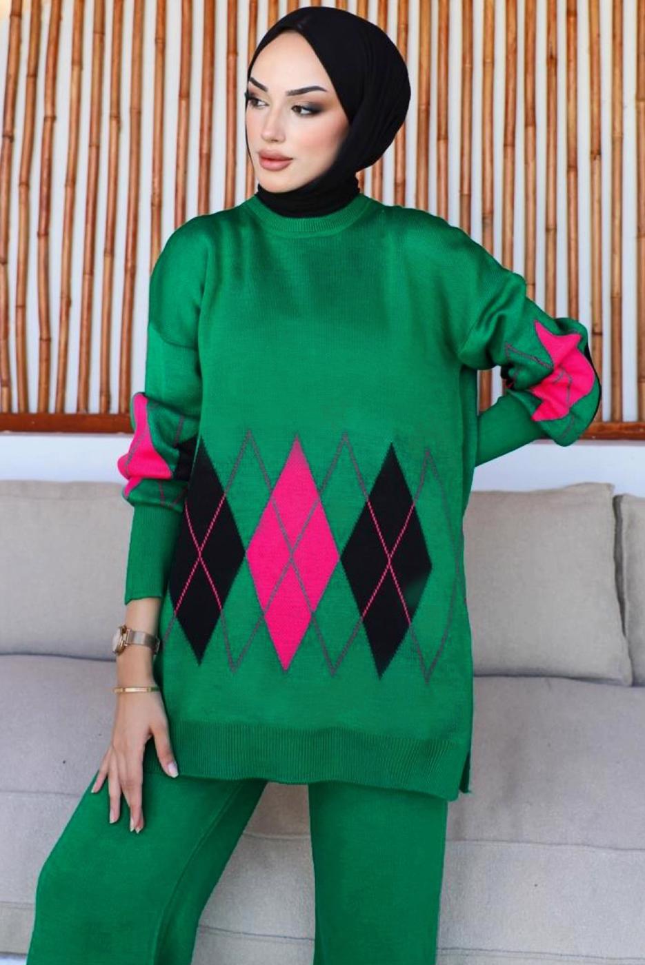 Tesettür giyim YEŞİL PANTOLONLU TRİKO TAKIM T 00032