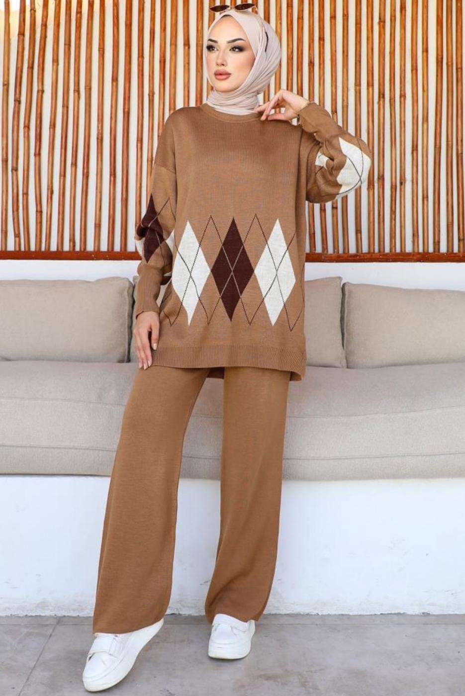 Tesettür giyim KAHVE PANTOLONLU TRİKO TAKIM T 00032