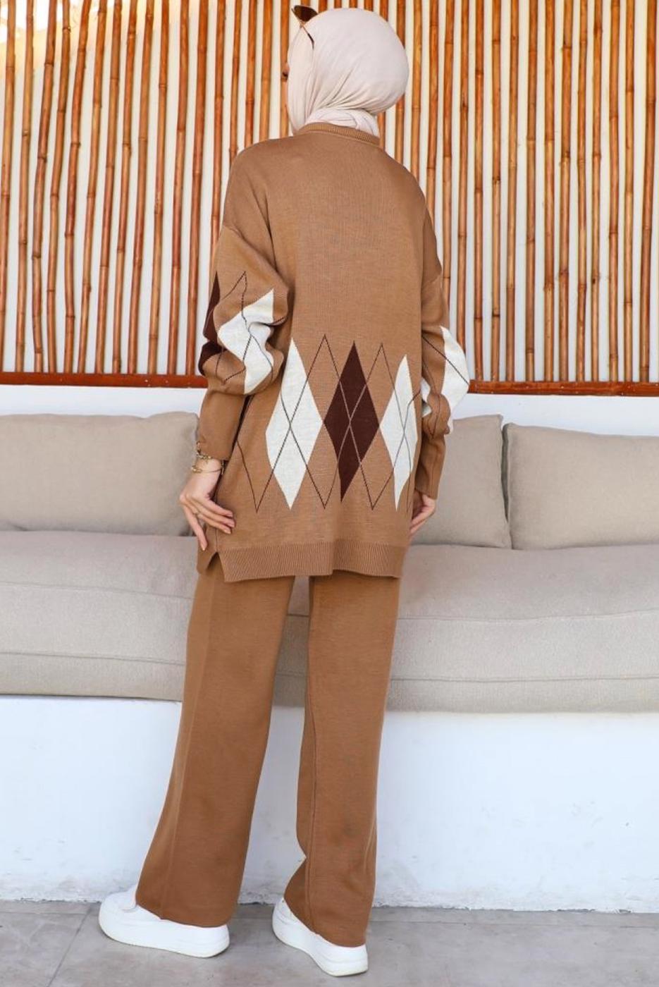 Tesettür giyim KAHVE PANTOLONLU TRİKO TAKIM T 00032