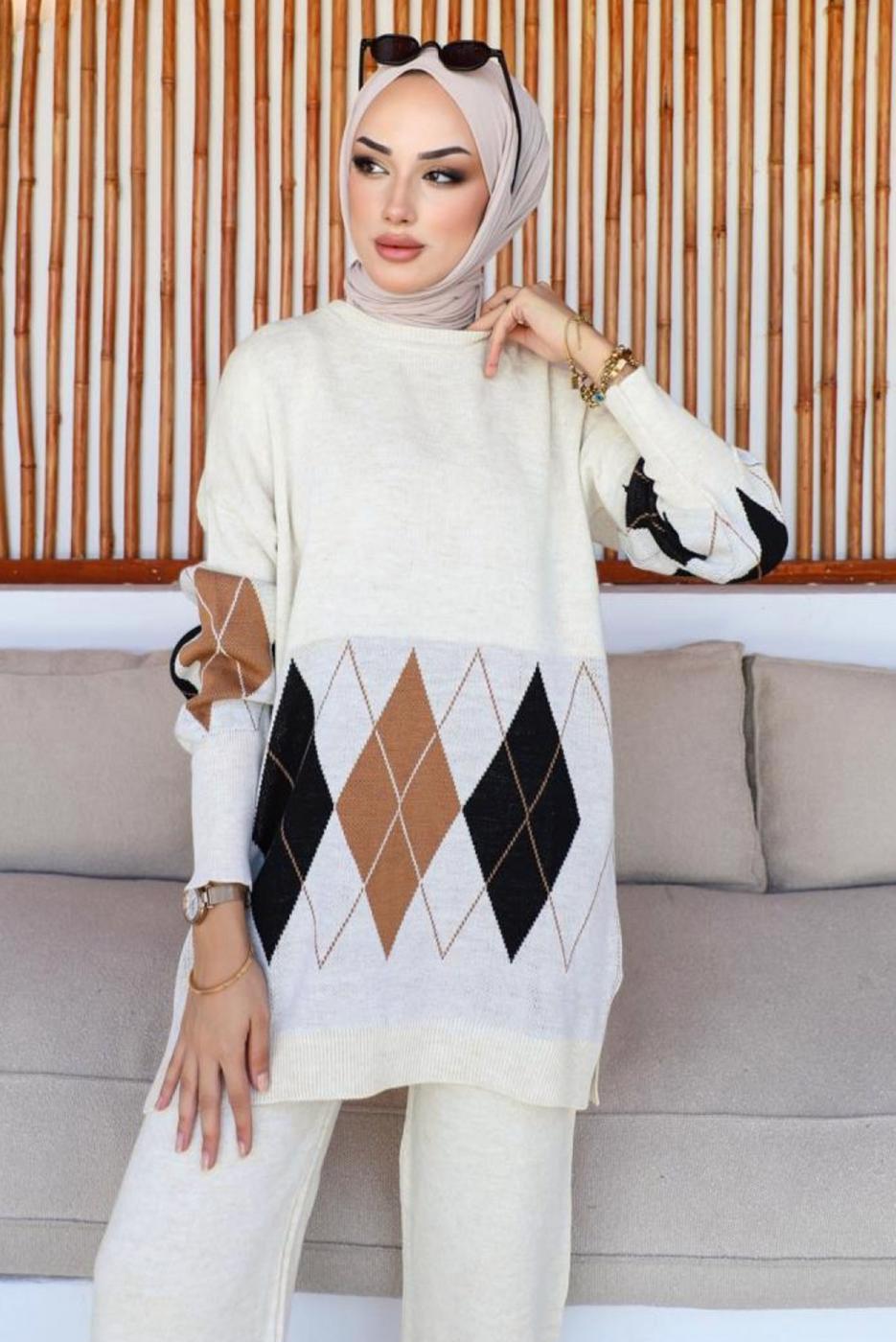 Tesettür giyim BEJ PANTOLONLU TRİKO TAKIM T 00032