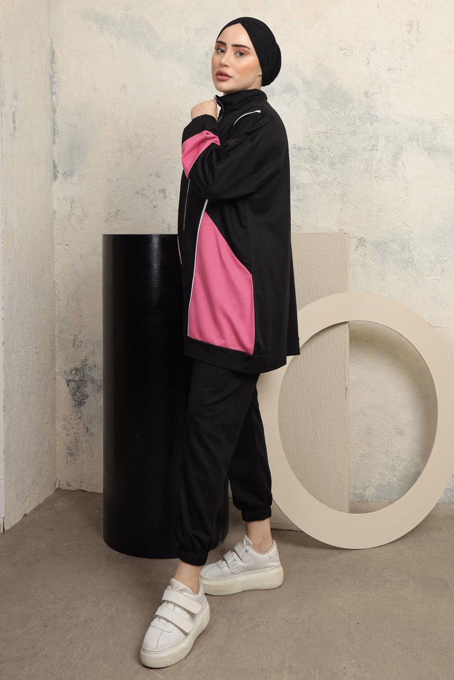 Tesettür giyim SİYAH RENK BLOKLU PANTOLONLU TAKIM T 0043