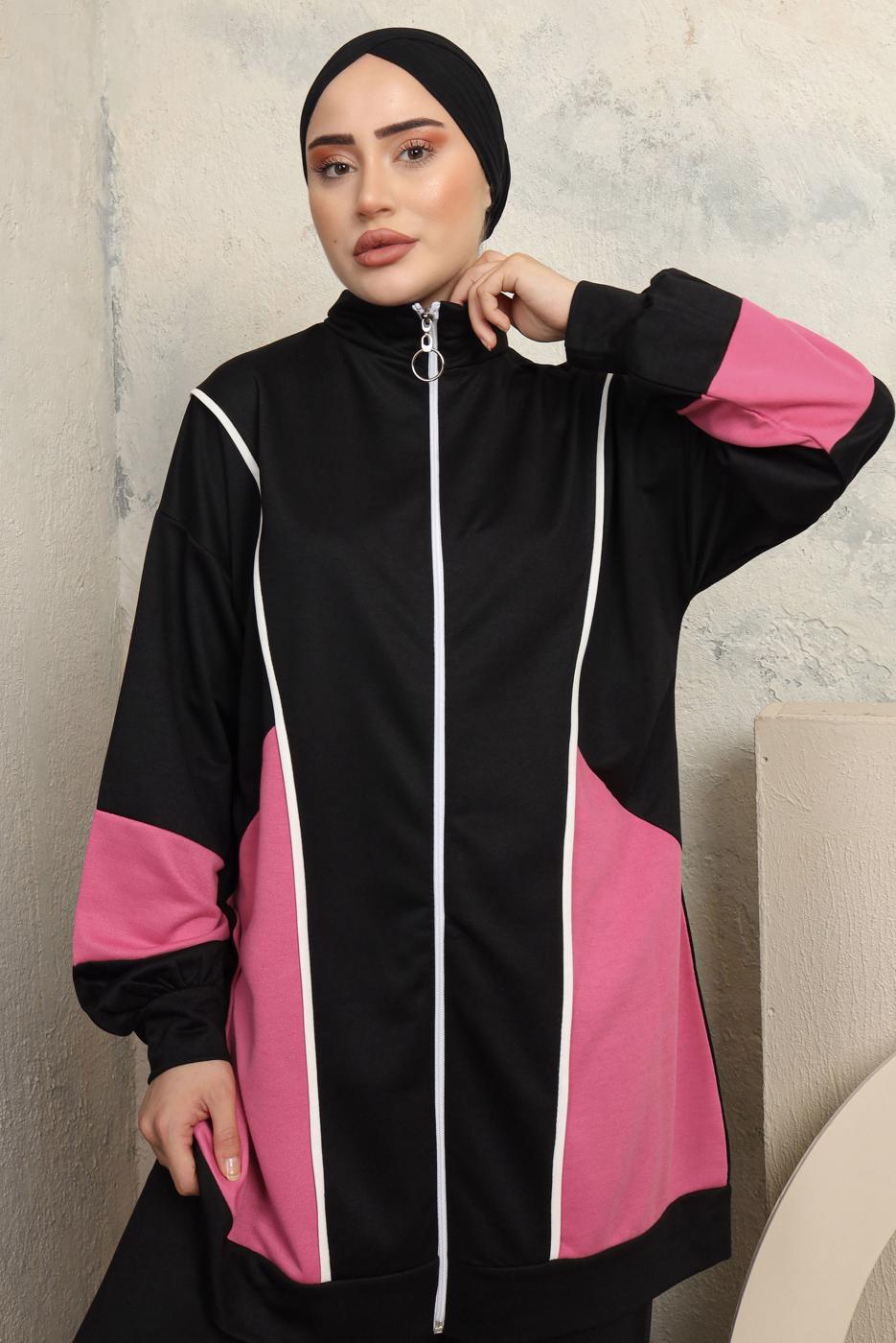 Tesettür giyim SİYAH RENK BLOKLU PANTOLONLU TAKIM T 0043