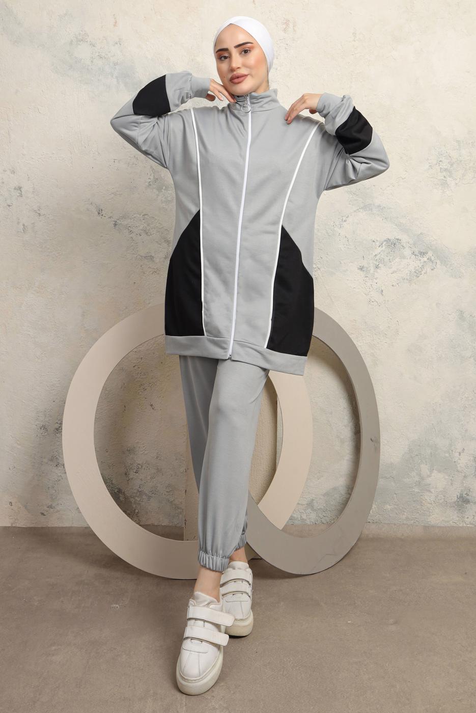 Tesettür giyim GRİ RENK BLOKLU PANTOLONLU TAKIM T 0043