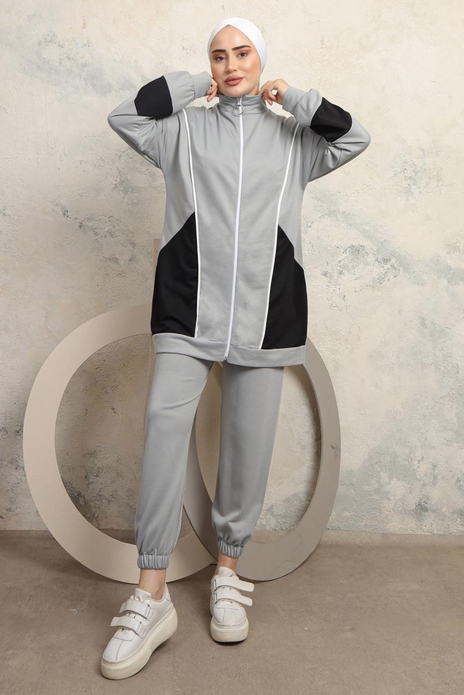 Tesettür giyim GRİ RENK BLOKLU PANTOLONLU TAKIM T 0043