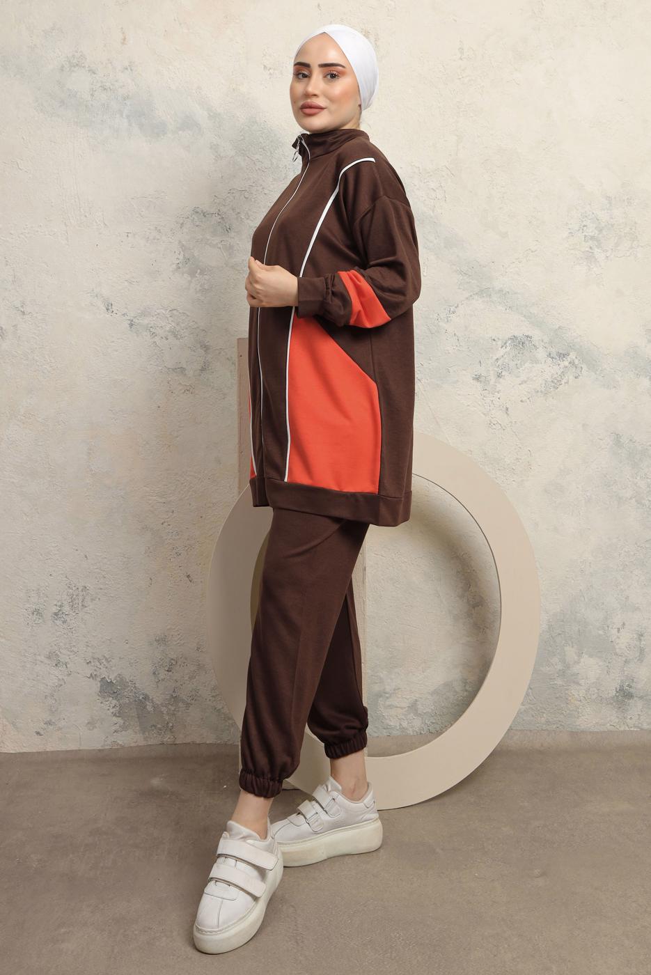Tesettür giyim KAHVE RENK BLOKLU PANTOLONLU TAKIM T 0043