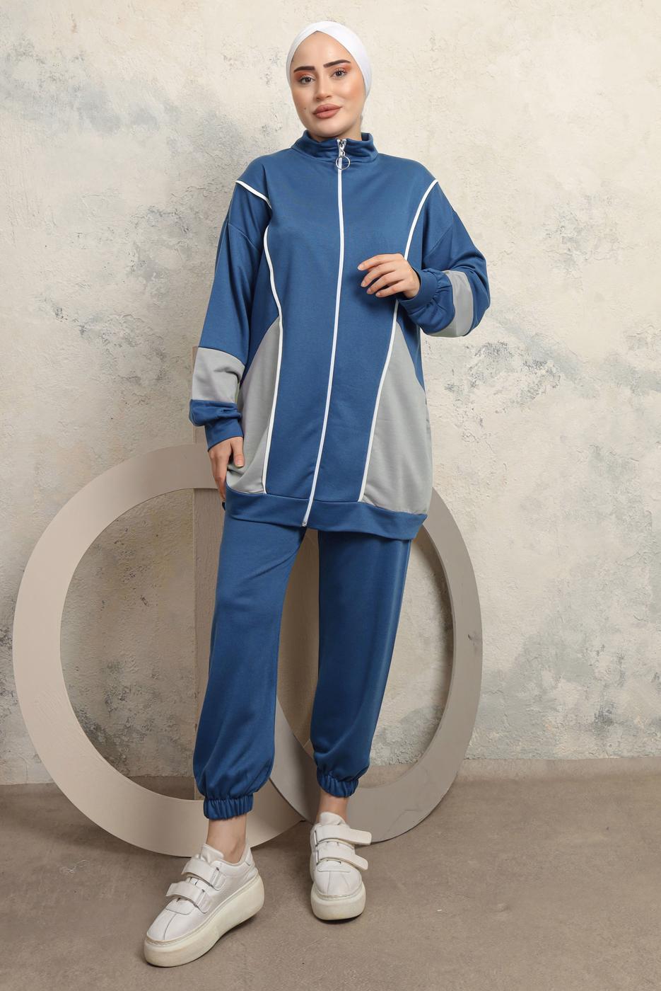 Tesettür giyim LACİVERT RENK BLOKLU PANTOLONLU TAKIM T 0043