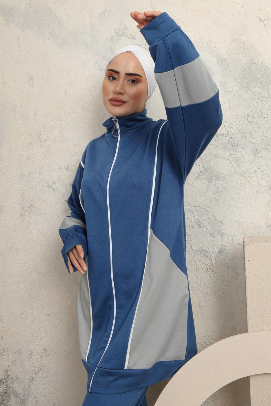 Tesettür giyim LACİVERT RENK BLOKLU PANTOLONLU TAKIM T 0043