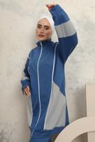 Tesettür giyim LACİVERT RENK BLOKLU PANTOLONLU TAKIM T 0043