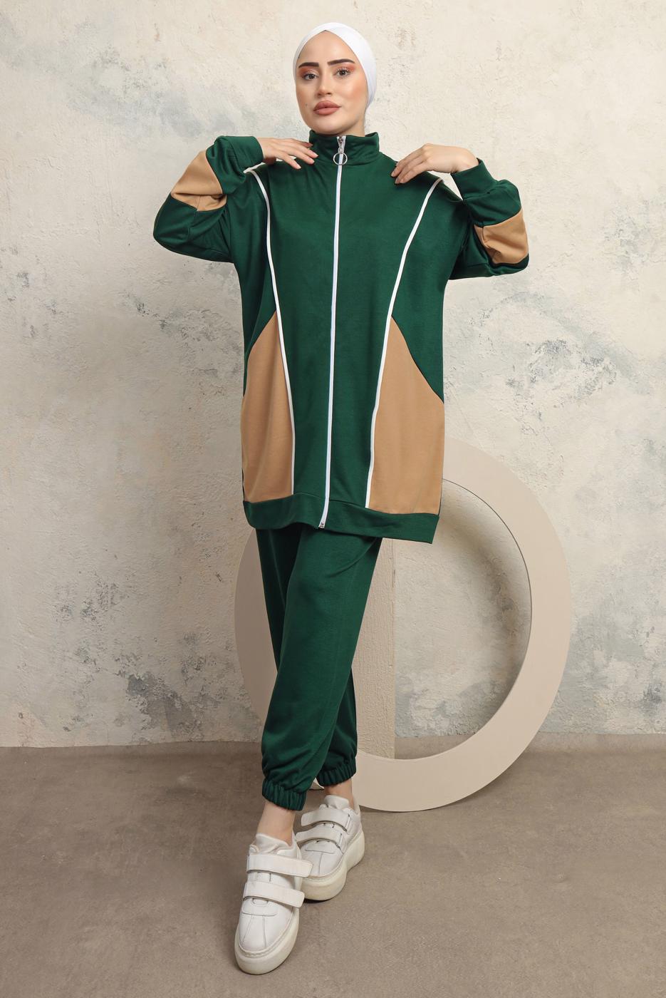 Tesettür giyim YEŞİL RENK BLOKLU PANTOLONLU TAKIM T 0043