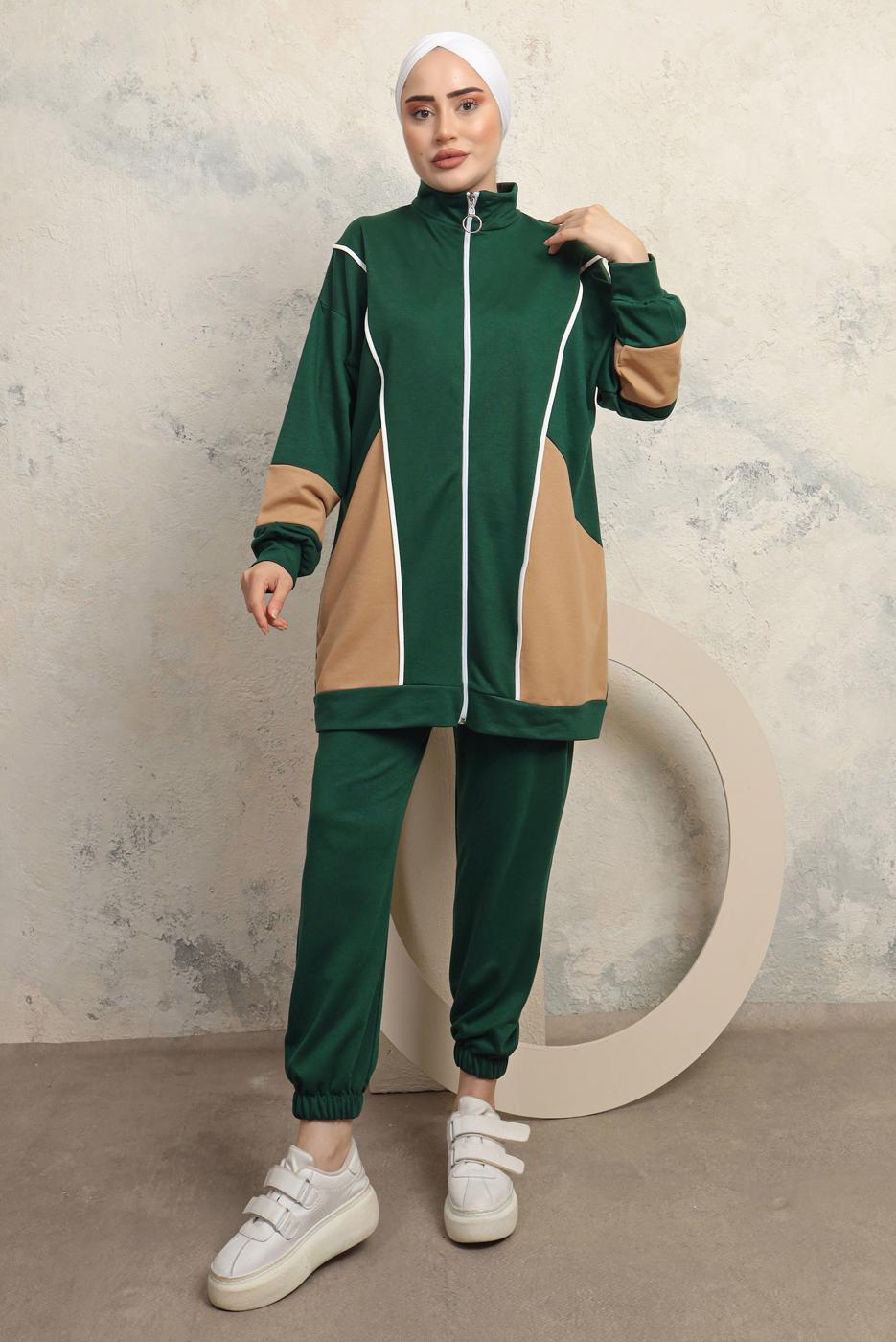 Tesettür giyim YEŞİL RENK BLOKLU PANTOLONLU TAKIM T 0043