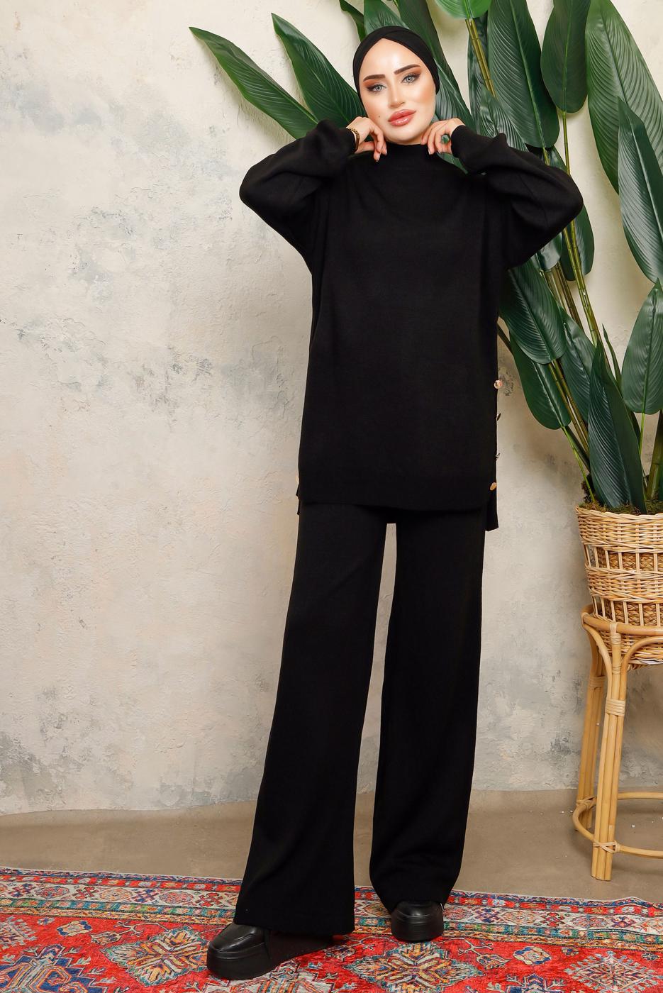 Tesettür giyim SİYAH BOĞAZLI YAKA İKİLİ PANTOLONLU TRİKO TAKIM T 0108