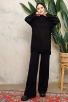 Tesettür giyim SİYAH BOĞAZLI YAKA İKİLİ PANTOLONLU TRİKO TAKIM T 0108