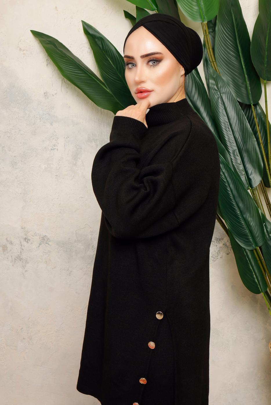 Tesettür giyim SİYAH BOĞAZLI YAKA İKİLİ PANTOLONLU TRİKO TAKIM T 0108