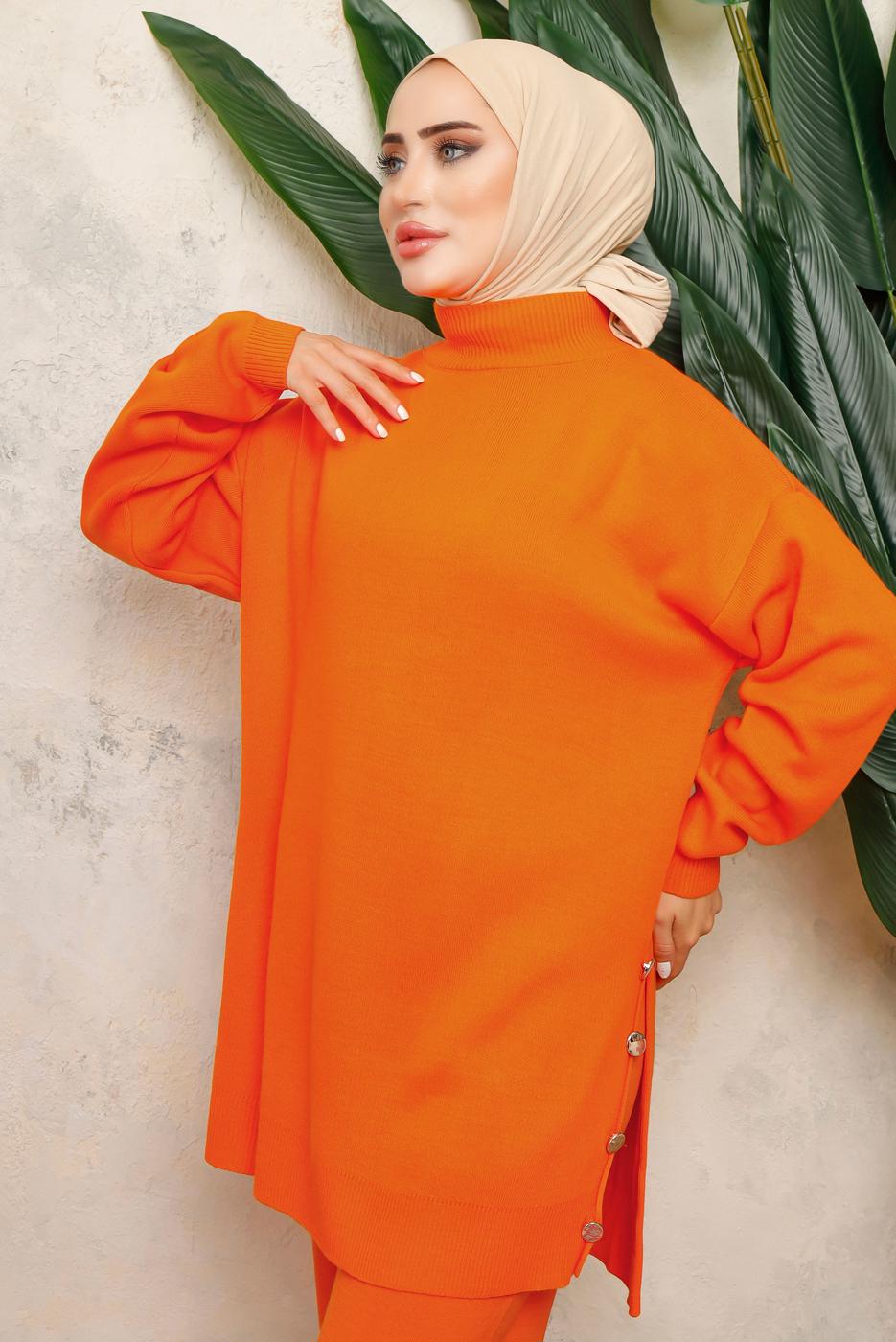 Tesettür giyim TURUNCU BOĞAZLI YAKA İKİLİ PANTOLONLU TRİKO TAKIM T 0108