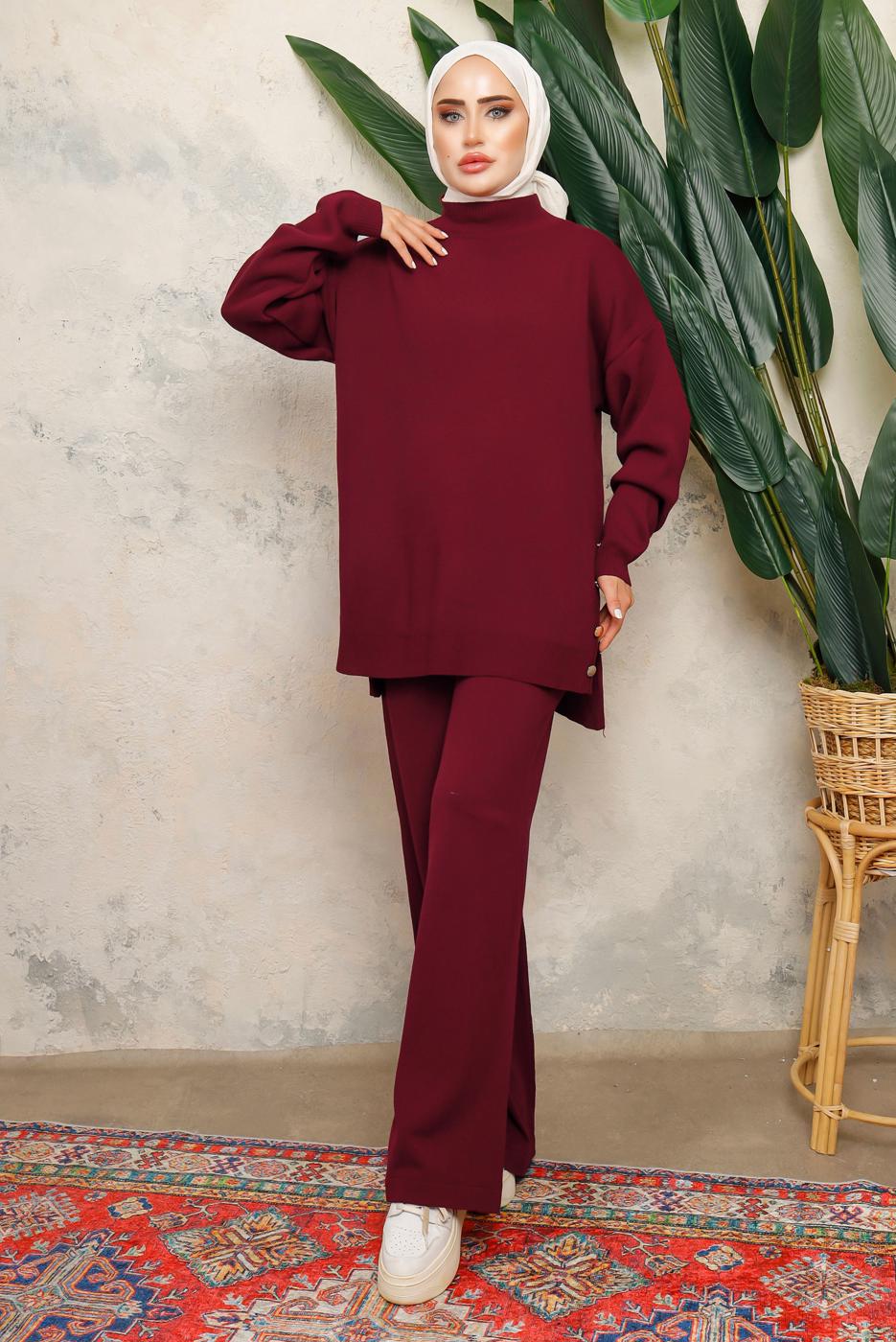 Tesettür giyim BORDO BOĞAZLI YAKA İKİLİ PANTOLONLU TRİKO TAKIM T 0108