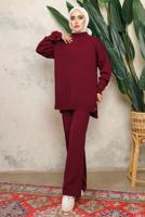 Tesettür giyim BORDO BOĞAZLI YAKA İKİLİ PANTOLONLU TRİKO TAKIM T 0108
