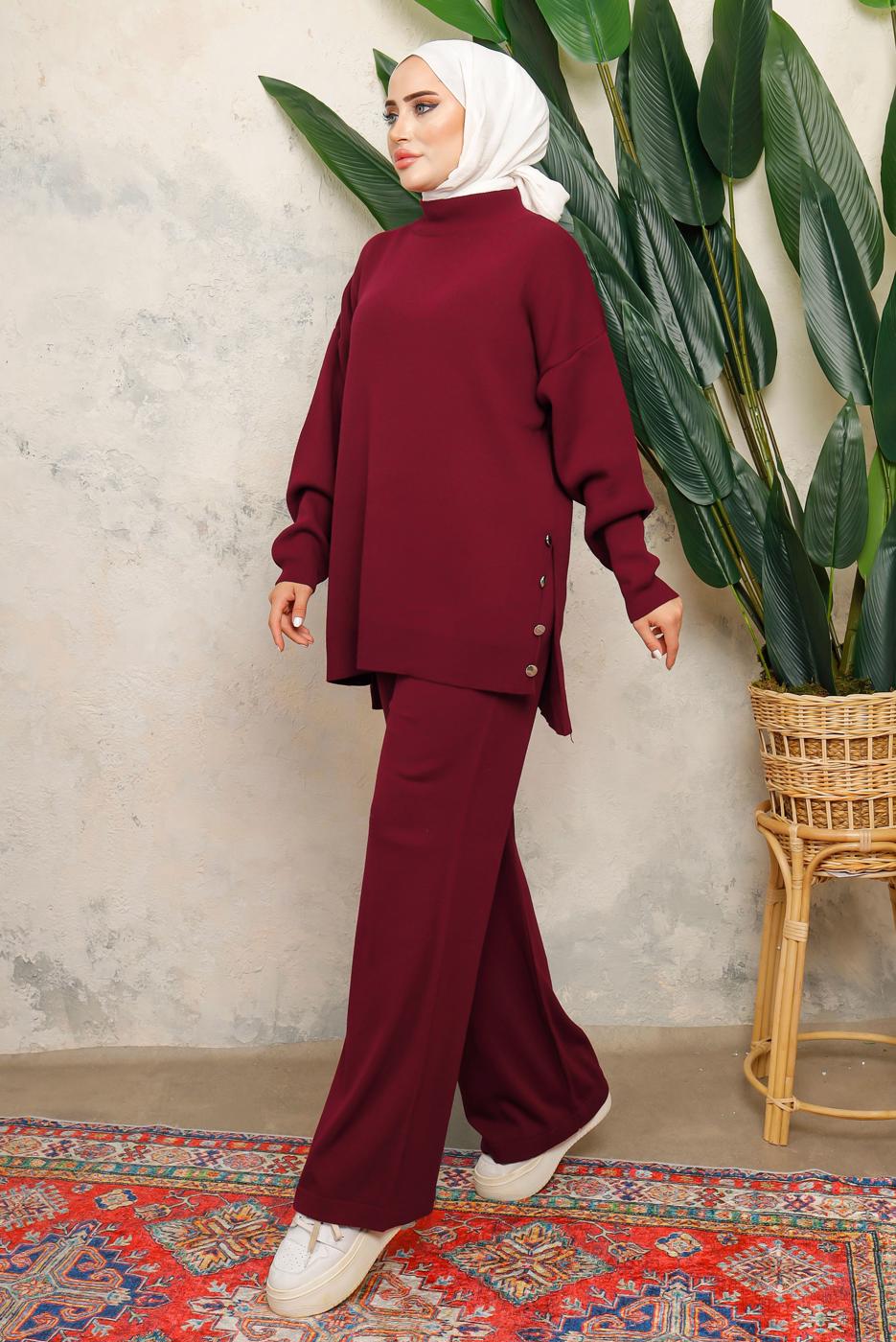 Tesettür giyim BORDO BOĞAZLI YAKA İKİLİ PANTOLONLU TRİKO TAKIM T 0108