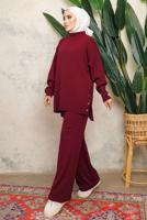 Tesettür giyim BORDO BOĞAZLI YAKA İKİLİ PANTOLONLU TRİKO TAKIM T 0108