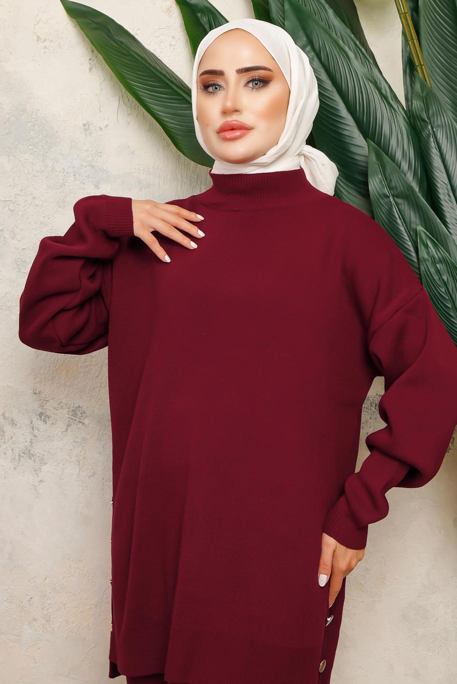 Tesettür giyim BORDO BOĞAZLI YAKA İKİLİ PANTOLONLU TRİKO TAKIM T 0108