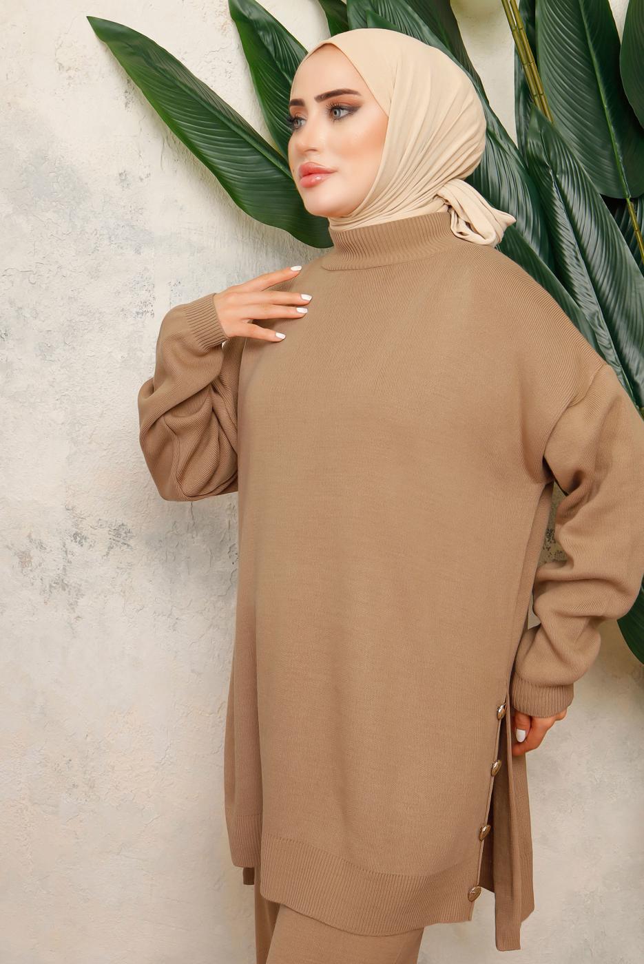 Tesettür giyim KAHVE BOĞAZLI YAKA İKİLİ PANTOLONLU TRİKO TAKIM T 0108