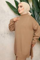 Tesettür giyim KAHVE BOĞAZLI YAKA İKİLİ PANTOLONLU TRİKO TAKIM T 0108