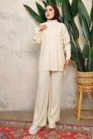 Tesettür giyim EKRU BOĞAZLI YAKA İKİLİ PANTOLONLU TRİKO TAKIM T 0108