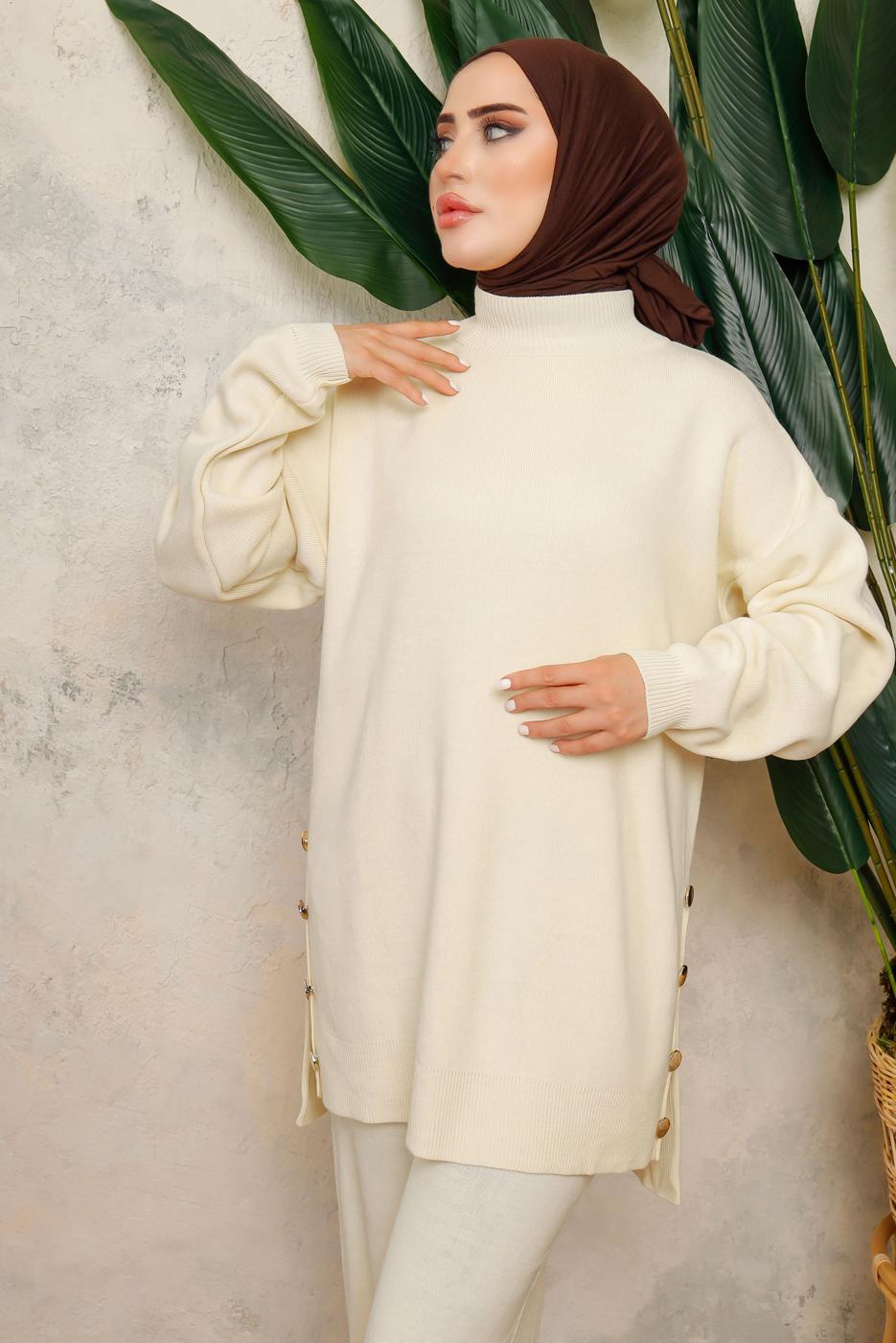 Tesettür giyim EKRU BOĞAZLI YAKA İKİLİ PANTOLONLU TRİKO TAKIM T 0108