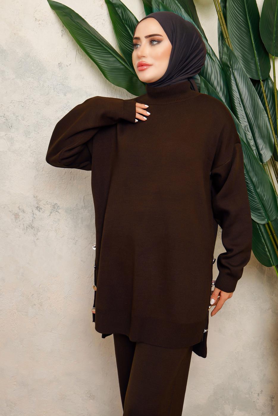 Tesettür giyim KAHVE BOĞAZLI YAKA İKİLİ PANTOLONLU TRİKO TAKIM T 0108