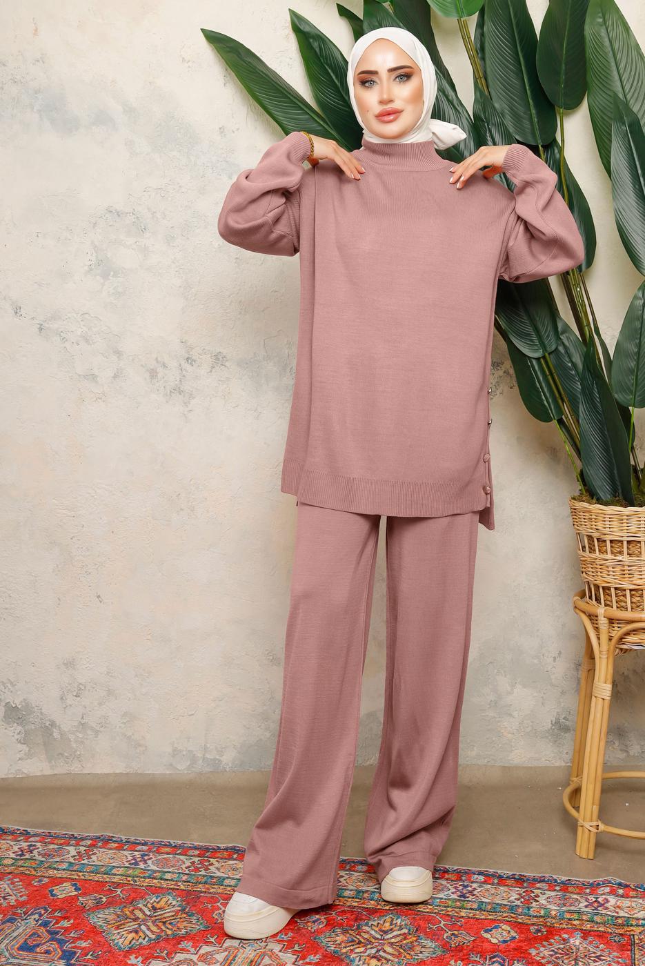 Tesettür giyim PUDRA BOĞAZLI YAKA İKİLİ PANTOLONLU TRİKO TAKIM T 0108