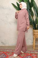 Tesettür giyim PUDRA BOĞAZLI YAKA İKİLİ PANTOLONLU TRİKO TAKIM T 0108
