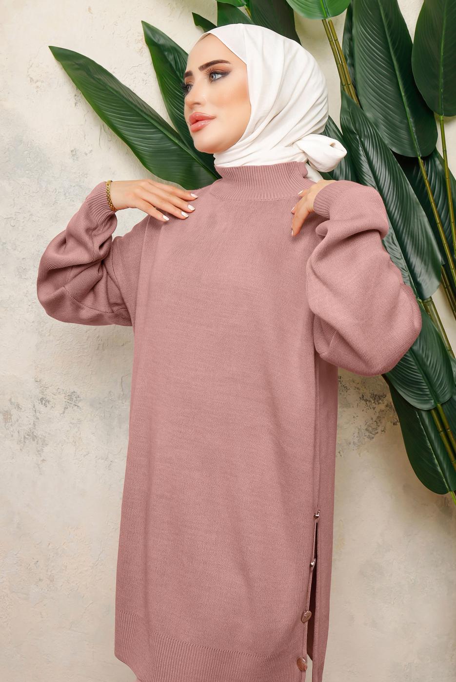 Tesettür giyim PUDRA BOĞAZLI YAKA İKİLİ PANTOLONLU TRİKO TAKIM T 0108