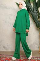 Tesettür giyim YEŞİL BOĞAZLI YAKA İKİLİ PANTOLONLU TRİKO TAKIM T 0108