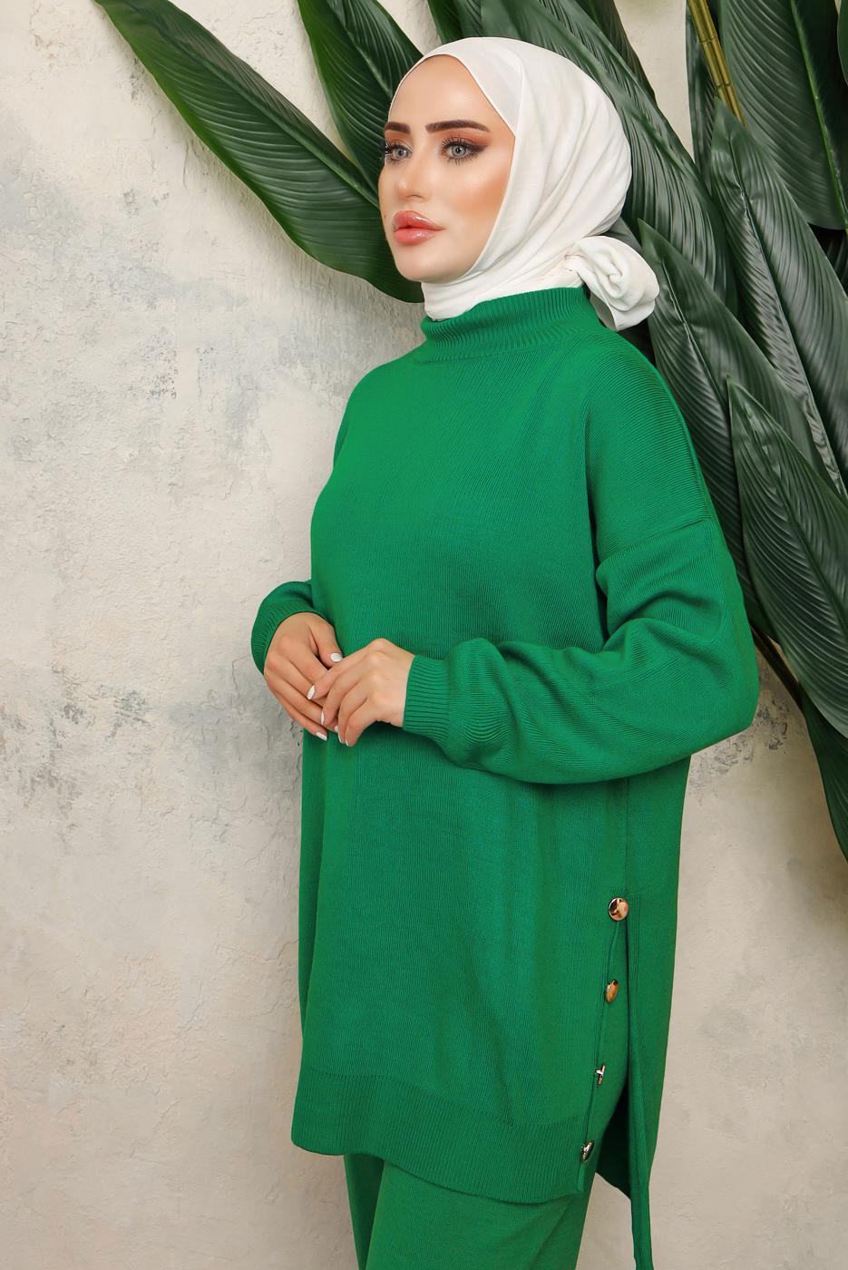 Tesettür giyim YEŞİL BOĞAZLI YAKA İKİLİ PANTOLONLU TRİKO TAKIM T 0108