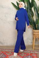 Tesettür giyim LACİVERT BOĞAZLI YAKA İKİLİ PANTOLONLU TRİKO TAKIM T 0108