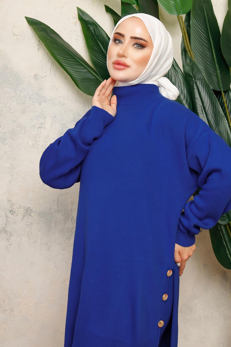 Tesettür giyim LACİVERT BOĞAZLI YAKA İKİLİ PANTOLONLU TRİKO TAKIM T 0108