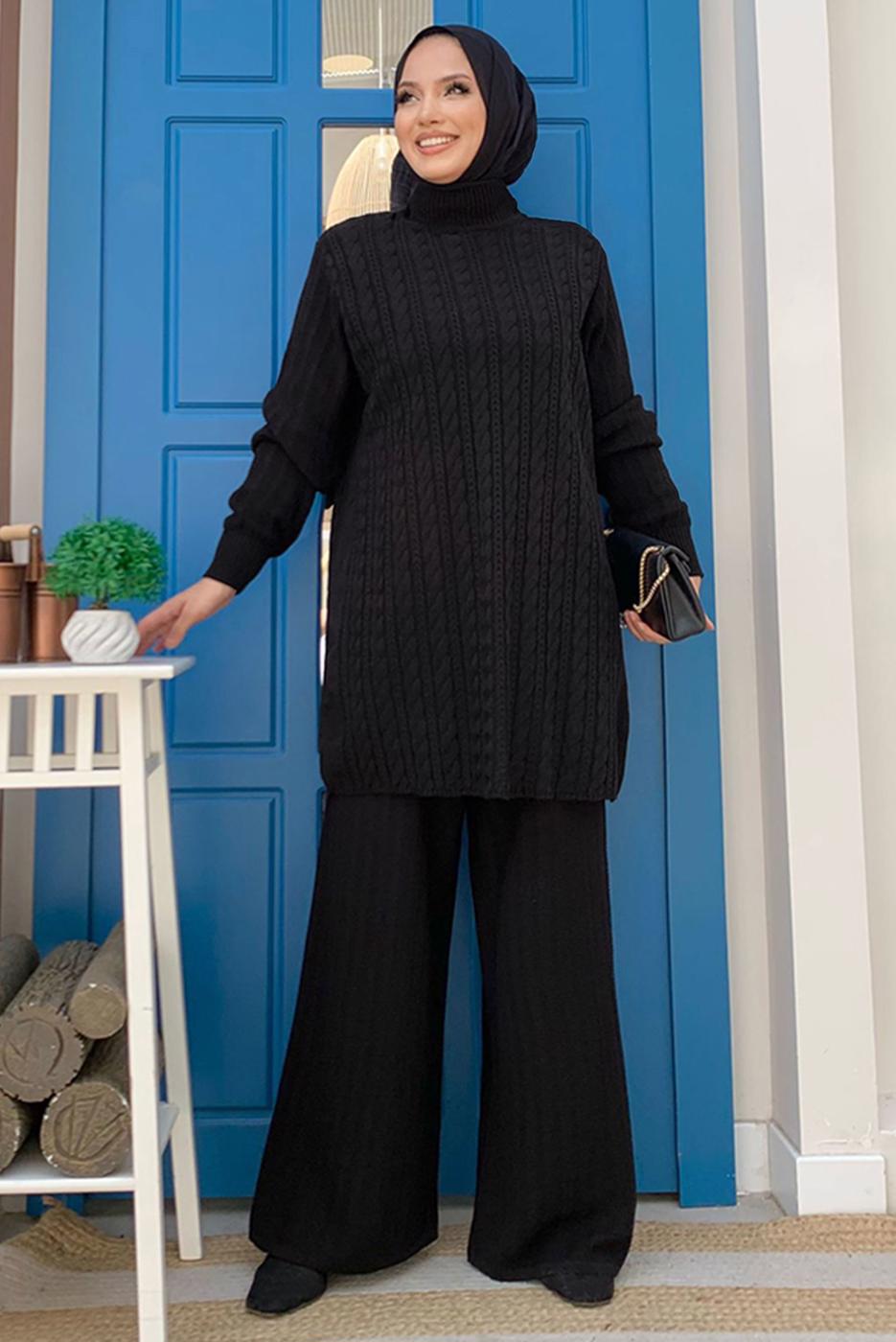 Tesettür giyim SİYAH TRİKO PANTOLONLU TAKIM T 01332