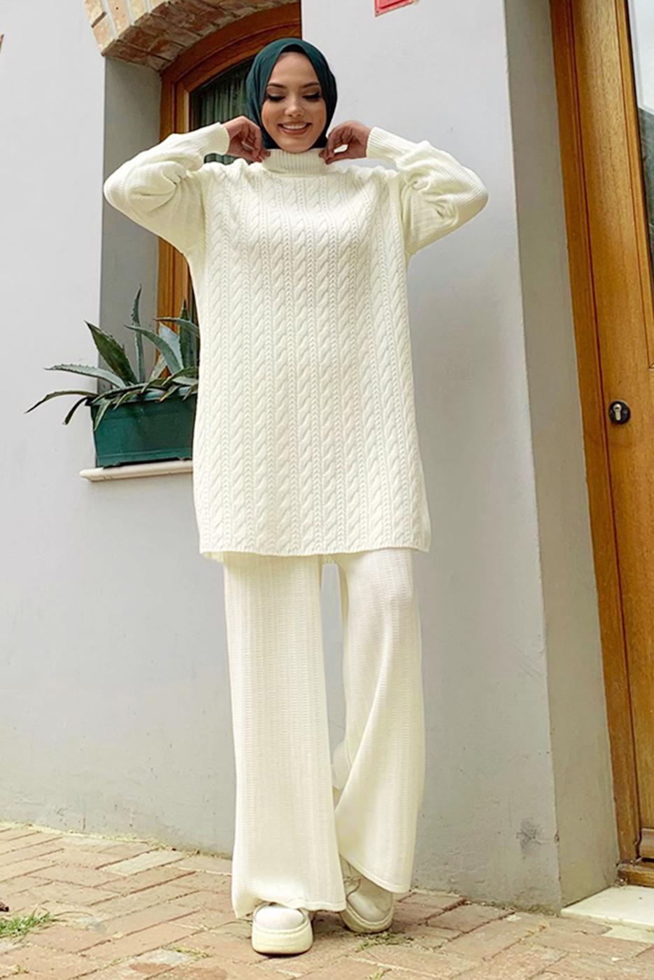 Tesettür giyim EKRU TRİKO PANTOLONLU TAKIM T 01332