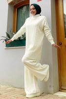 Tesettür giyim EKRU TRİKO PANTOLONLU TAKIM T 01332