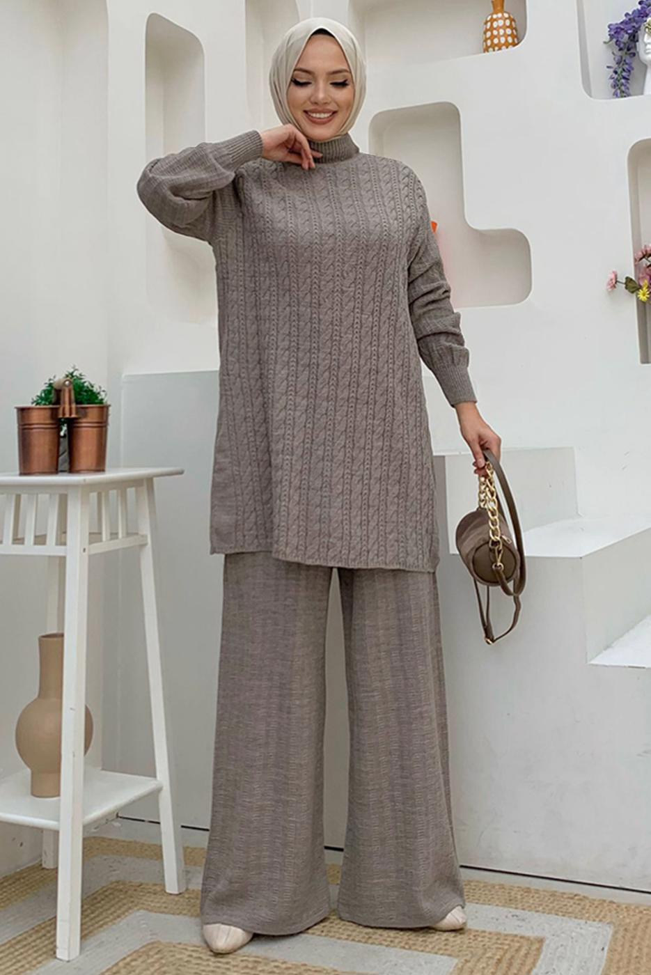 Tesettür giyim VİZON TRİKO PANTOLONLU TAKIM T 01332