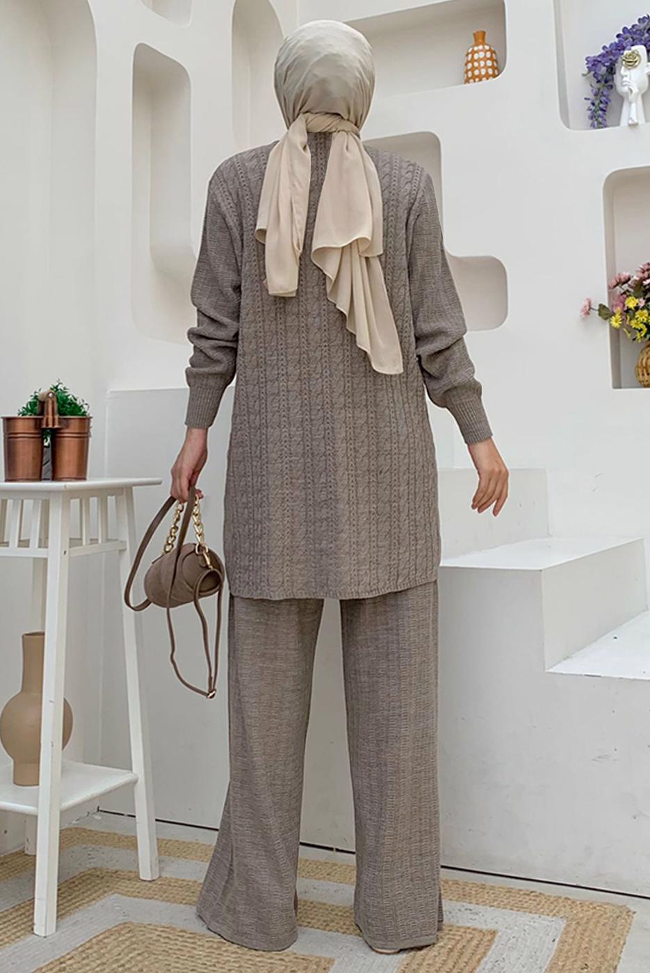 Tesettür giyim VİZON TRİKO PANTOLONLU TAKIM T 01332