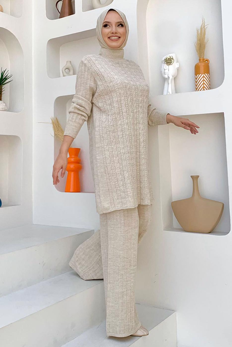 Tesettür giyim BEJ TRİKO PANTOLONLU TAKIM T 01332
