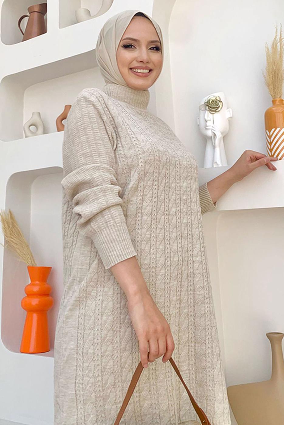 Tesettür giyim BEJ TRİKO PANTOLONLU TAKIM T 01332