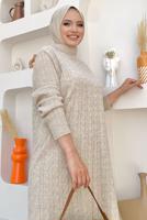 Tesettür giyim BEJ TRİKO PANTOLONLU TAKIM T 01332