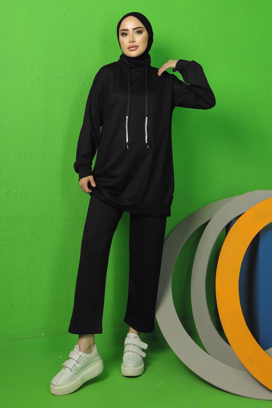 Tesettür giyim SİYAH BAĞCIK DETAYLI PANTOLONLU EŞOFMAN TAKIM T 0143